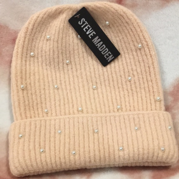 Steve Madden Woolen Knit Cap Peach and Pearl Accents NWT OSFM - Picture 5 of 11